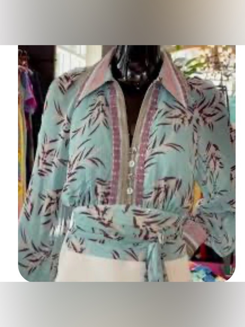 Diane von Furstenberg DVF Blue Botanical Silk Wrap Crop Blouse Top Size 6